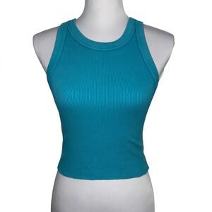 Aerie Teal Ribbed High Neck Tank Top XS Fitted Sleeveless Basic Y2K Casual